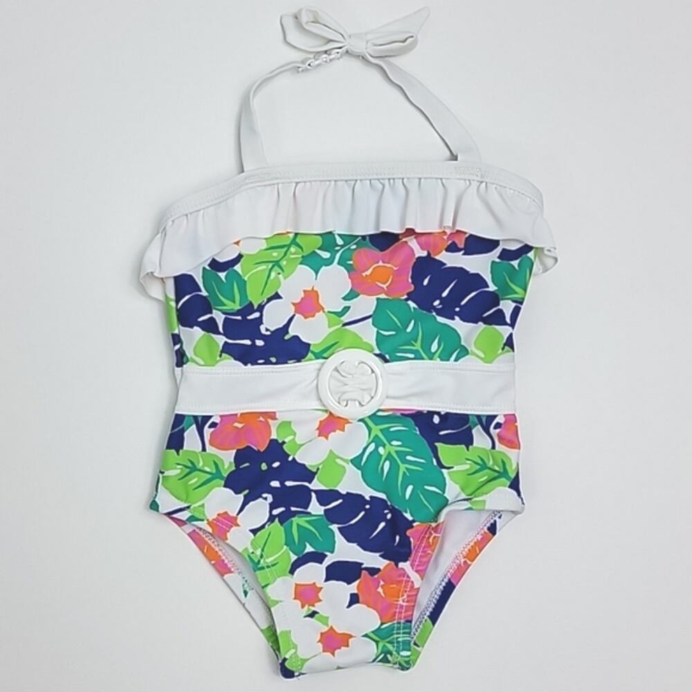 Janie and Jack Tropical Print Ruffled One Piece Swimsuit Green‎ Pink 6-12 Months
